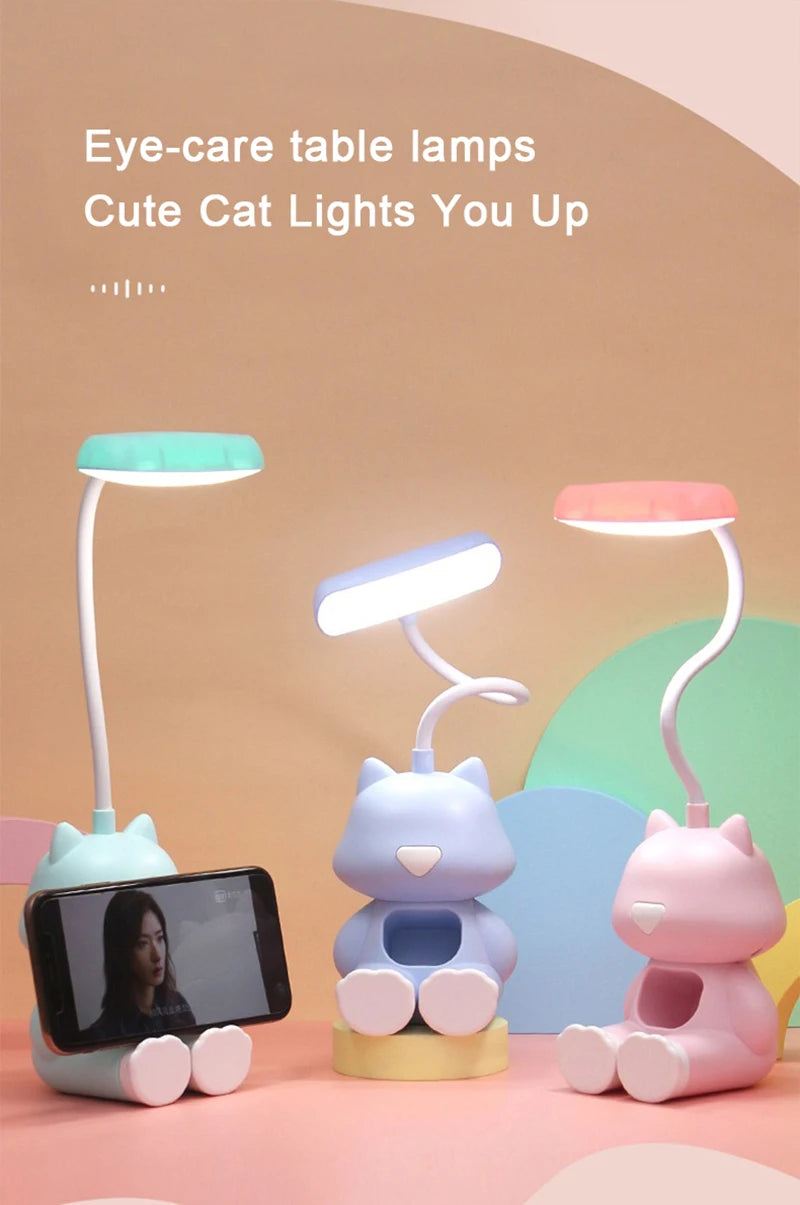 Creative Cute Cat Flexible Led Study Desk Lamp with Phone Holder Bedside Color Adjust Table Lamp for Kids Student Room